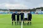 Mikko Alakare (vas.), Antti Munukka, Mattias Gestranius, Jochem Kamphuis (NED) ja Jan-Peter Aravirta Stadio Olimpicolla Serravallessa 4.9.2021. Kuva: Antti Munukan kotialbumi.